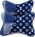 Two blue pillows with white pattern on a white background blue lv designer car neck pillow comfy x2 sale big nice banging whips cars