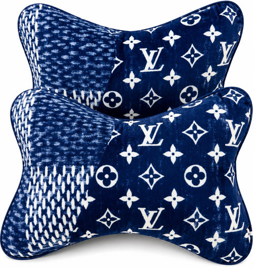 Two blue pillows with white pattern on a white background blue lv designer car neck pillow comfy x2 sale big nice banging whips cars